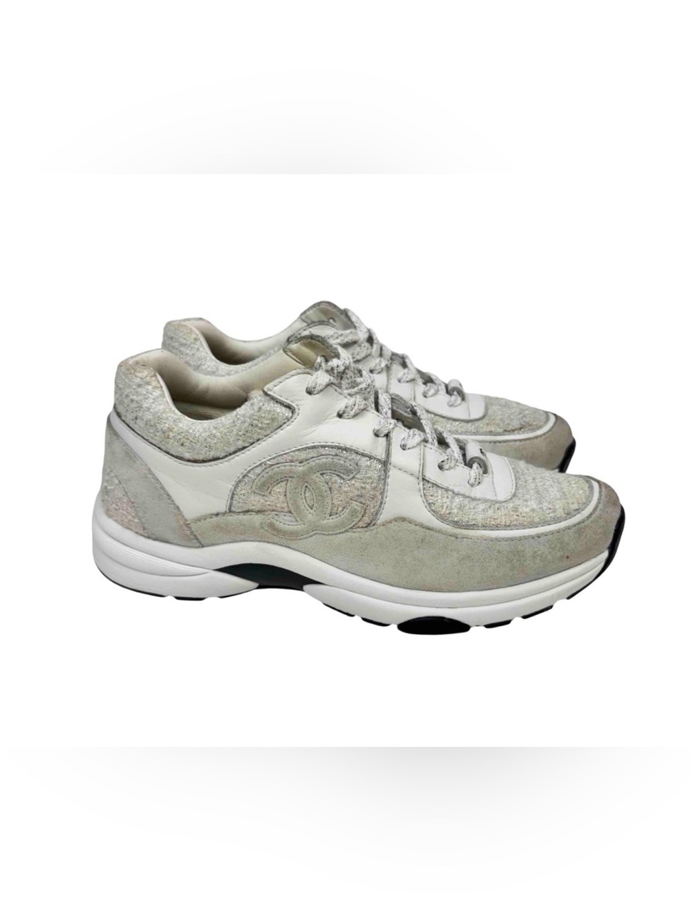 CHANEL White & Tweed CC Logo Trainer Sneakers Size 39 - Picture 11 of 14